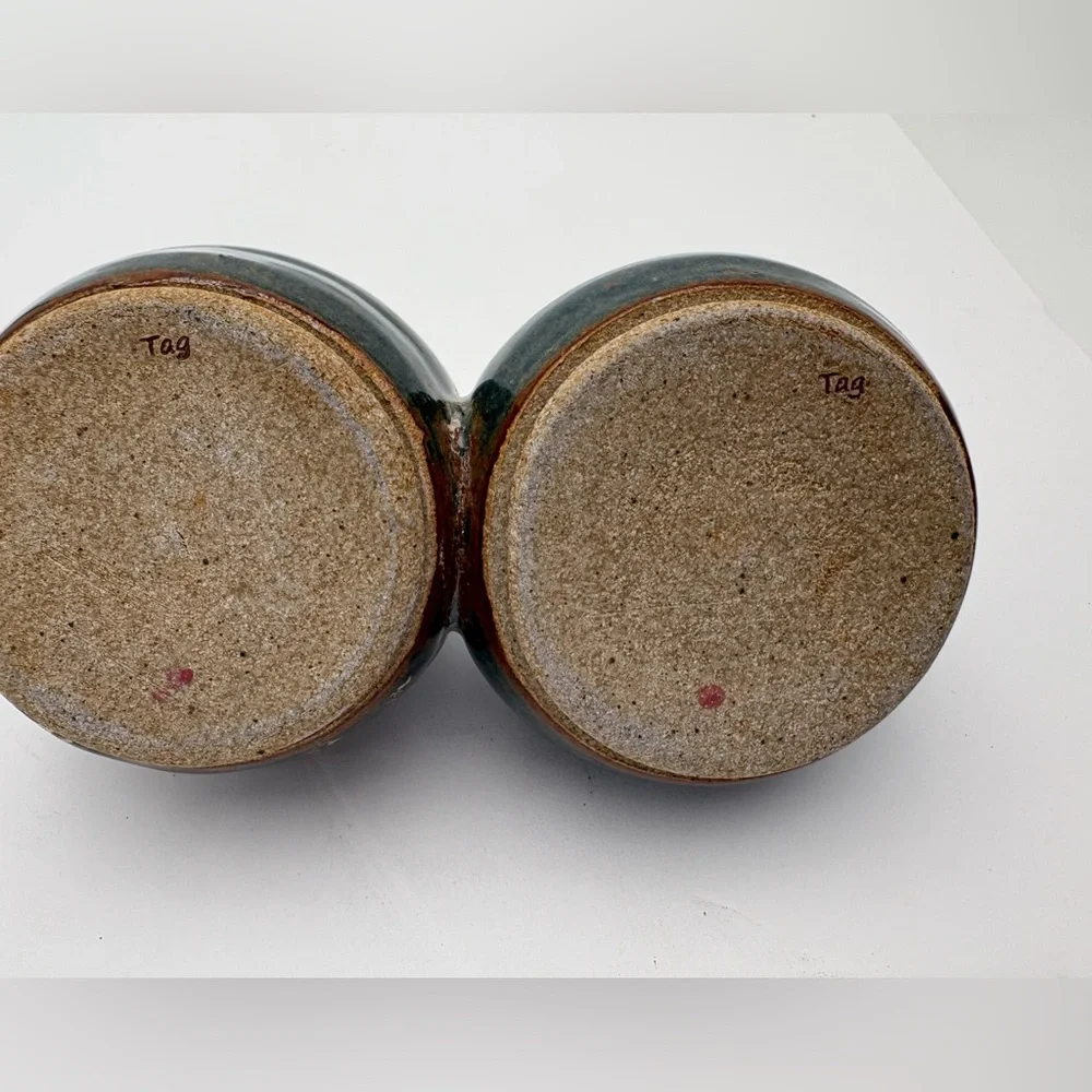 Set of Two Joined Pottery Bud  Vases in Blue and Brown -Makers Mark